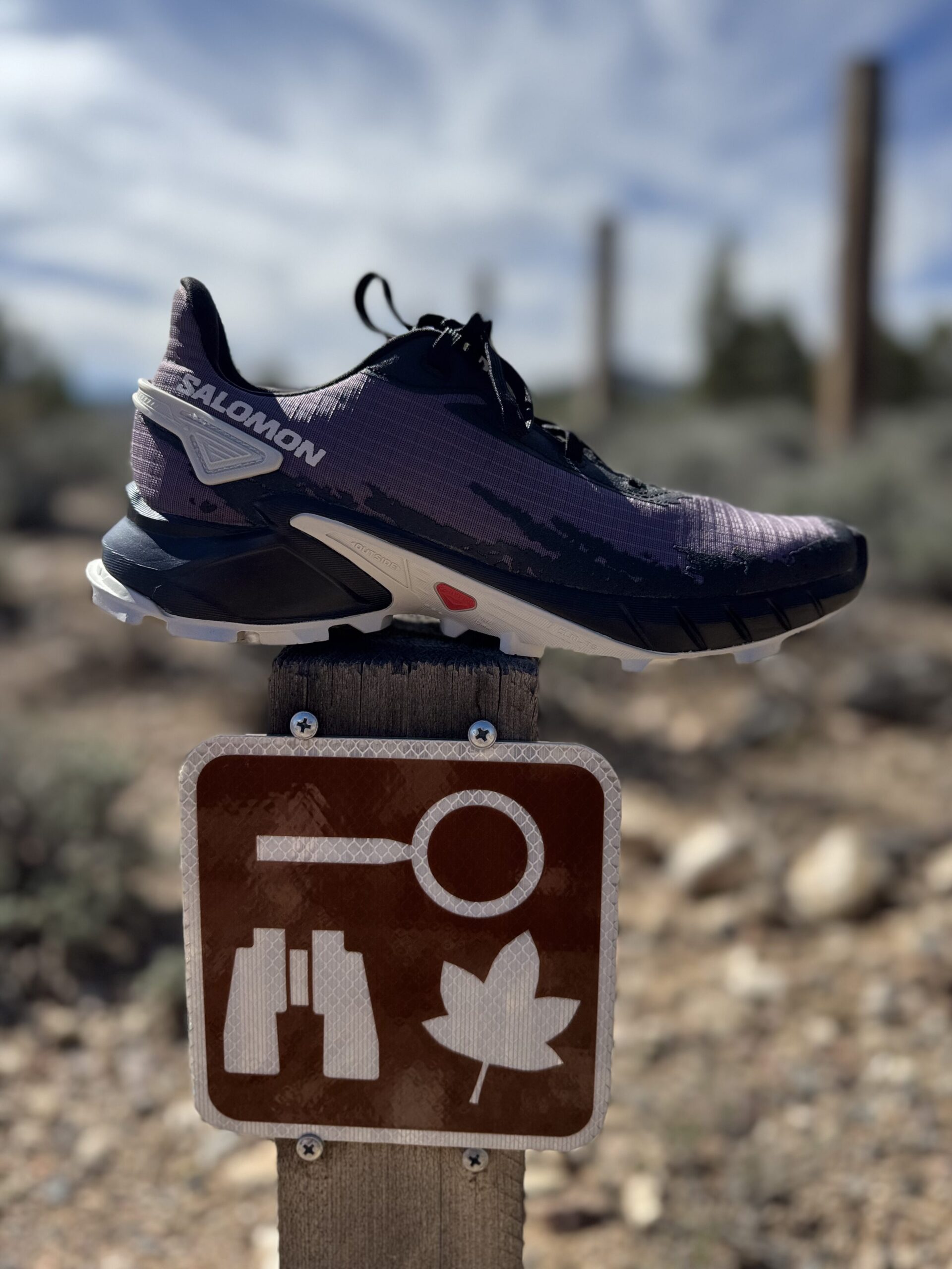 hiking shoes on trail sign with trail and blues skies in the background
