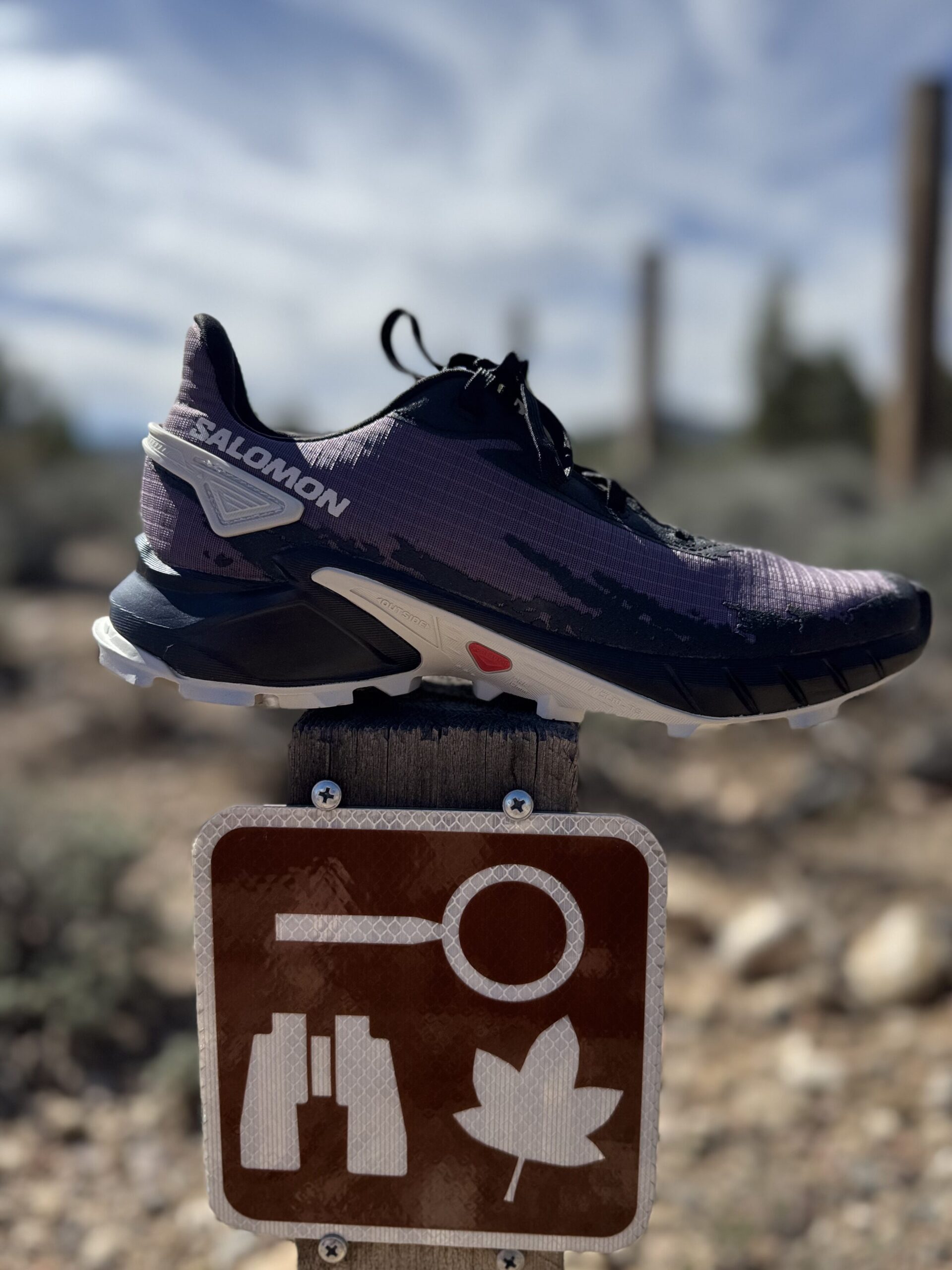 hiking shoes on trail sign with trail and blues skies in the background