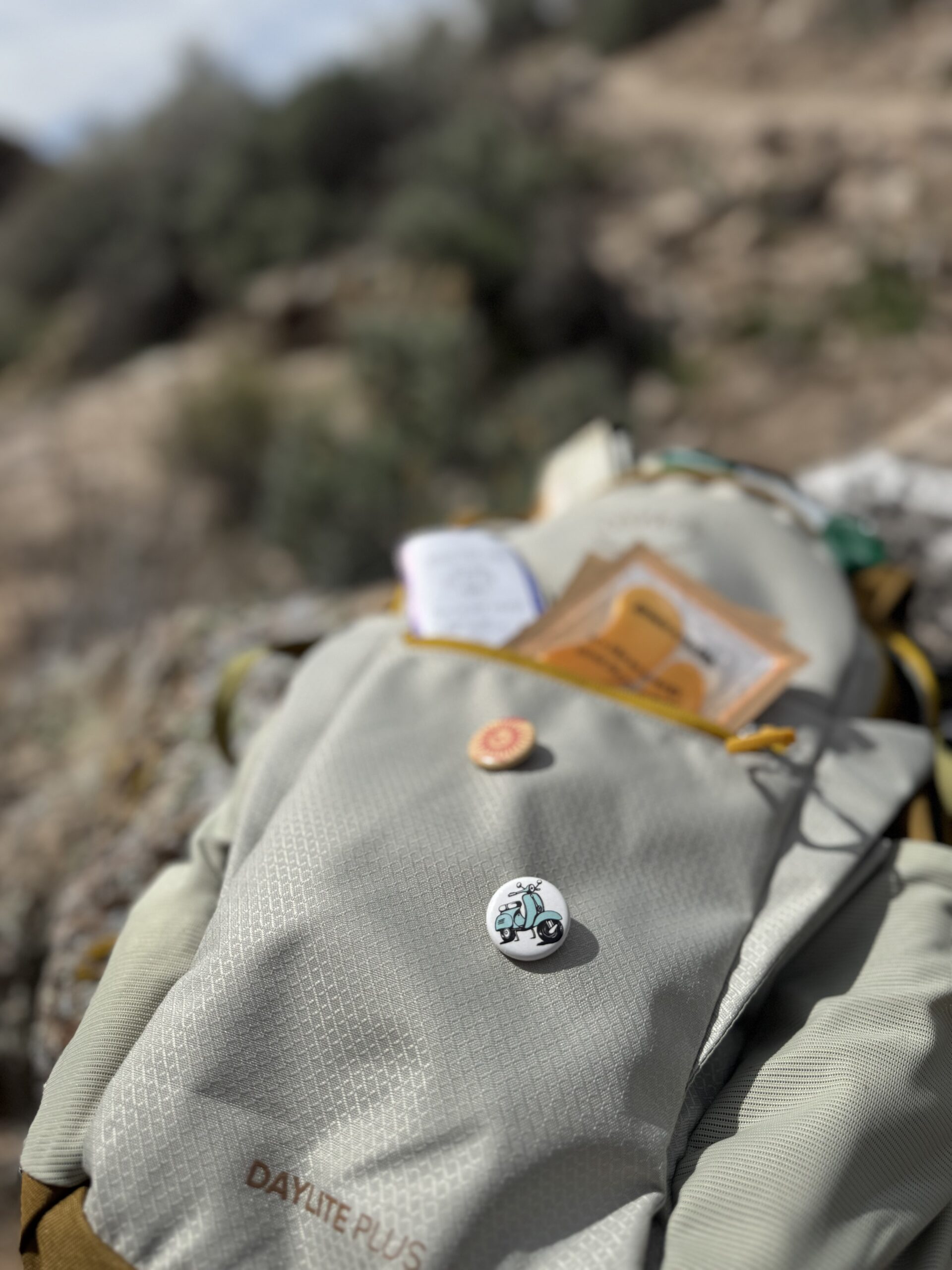 backpack on rock with eye patched in outer pocket