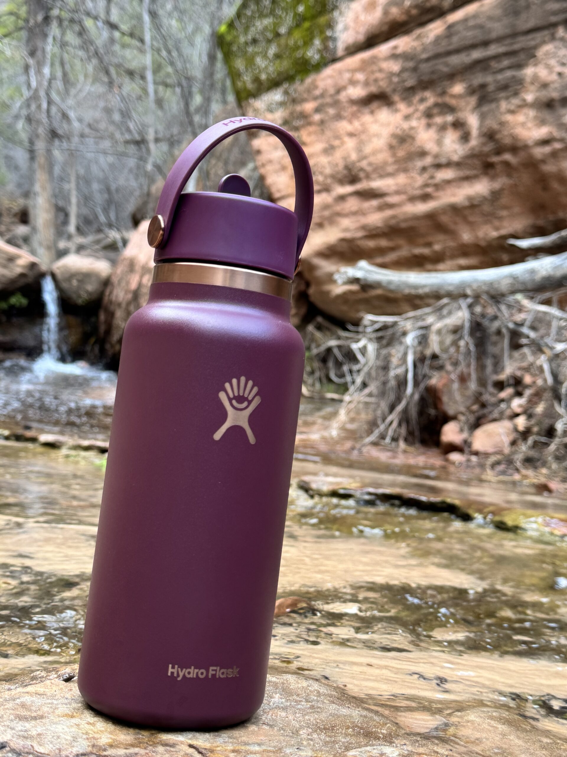 water bottle in front of waterfall at Zion