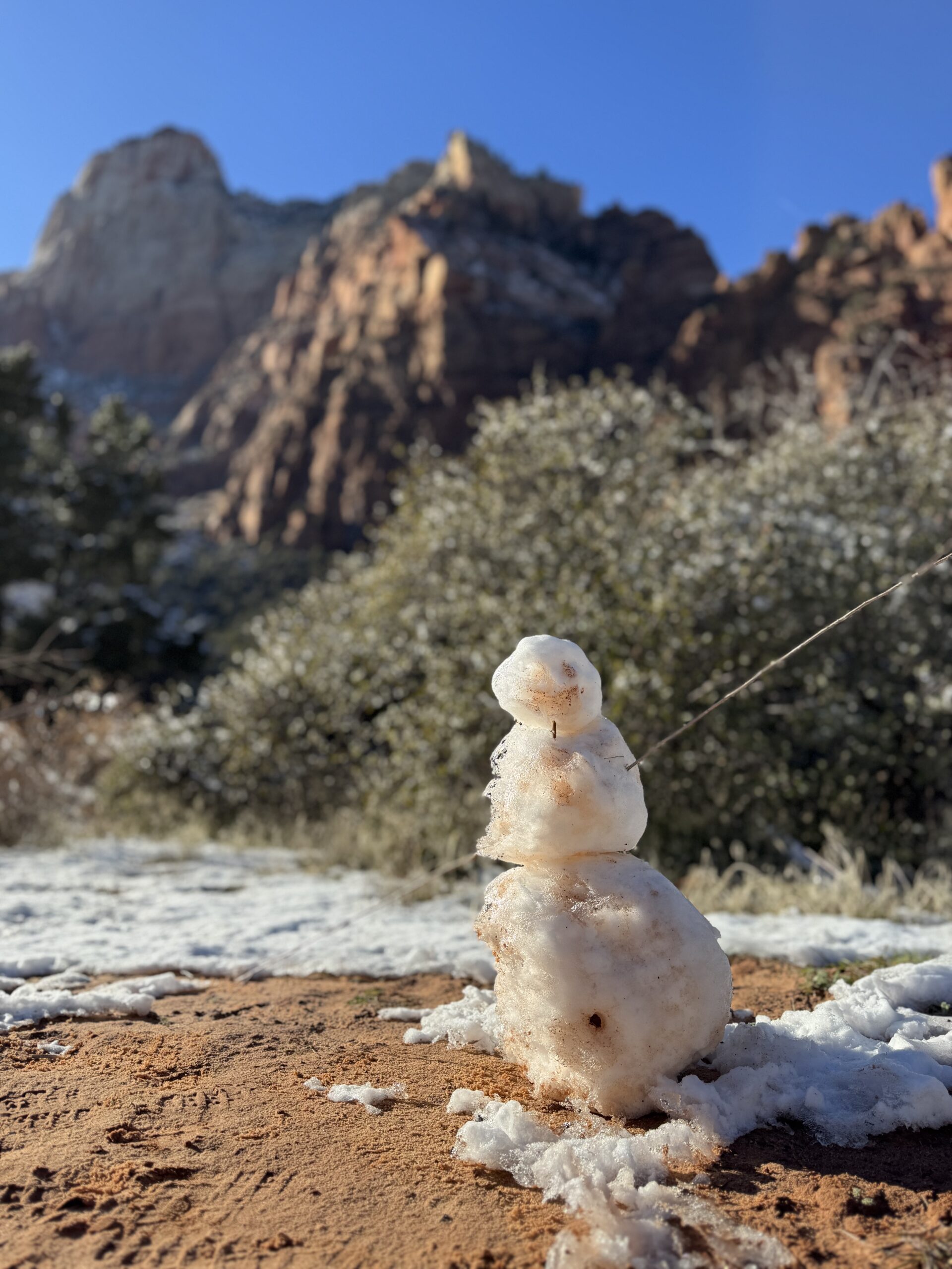 snowman on a hiking trail in Zion National Park
