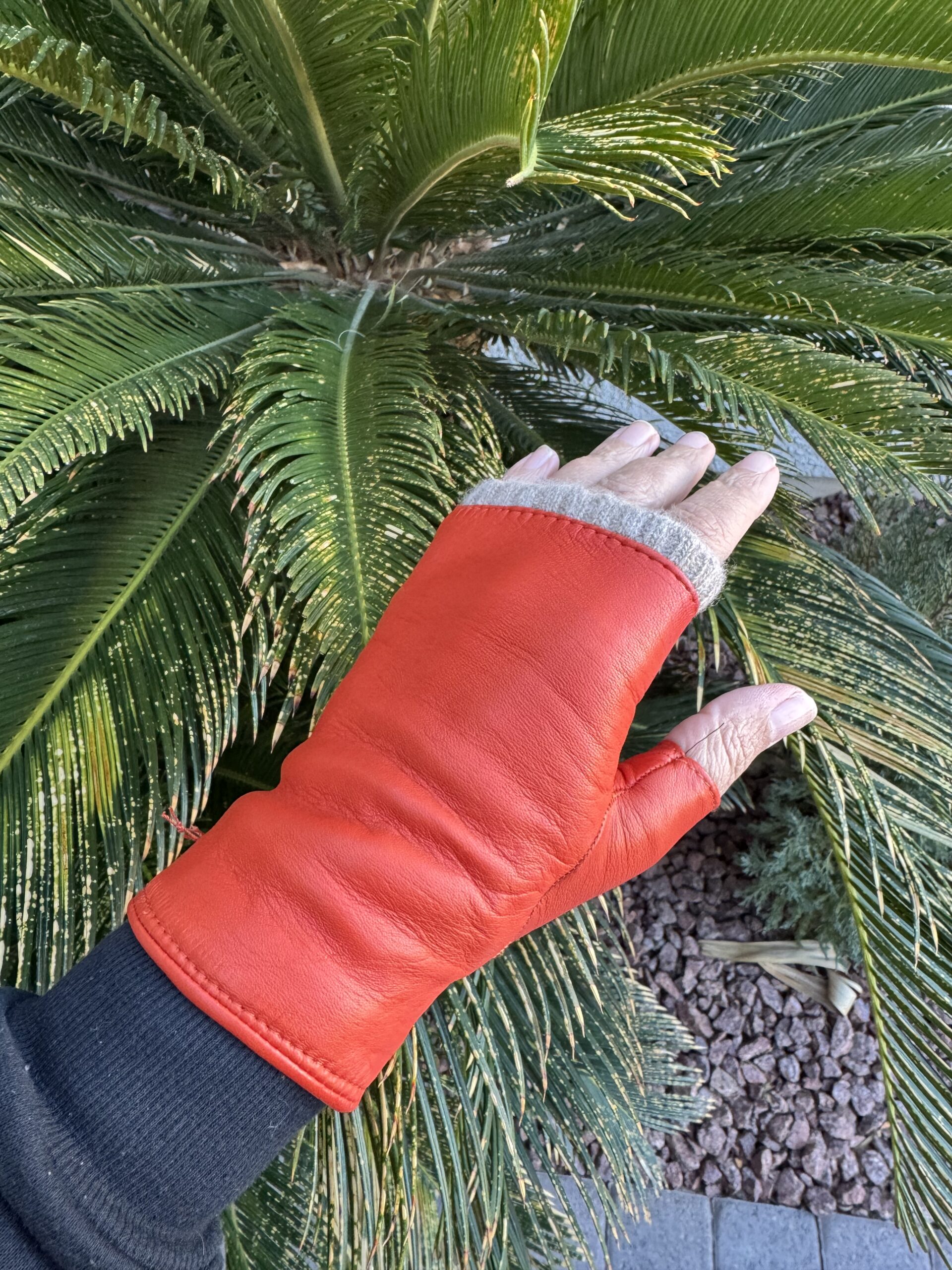 orange leather fingerless glove