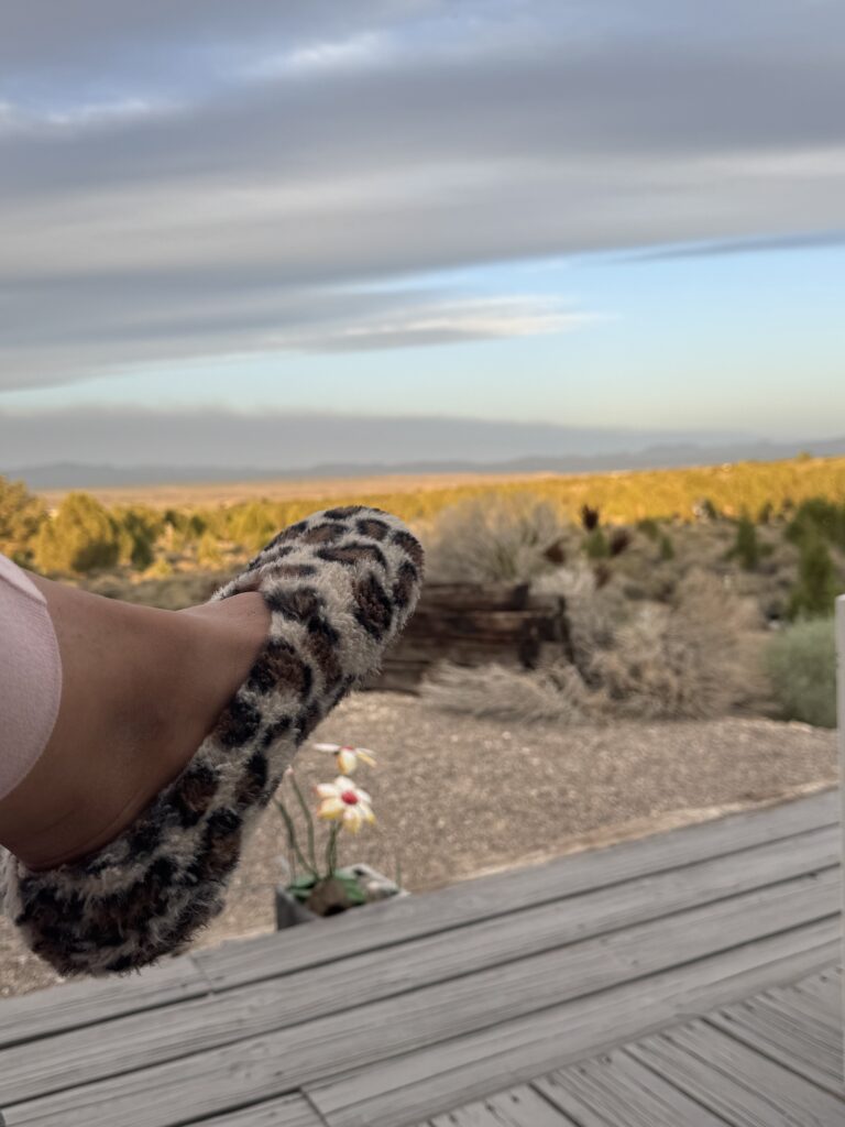 foot in cheetah slipper on a porch with a field of yellow flowers in the background