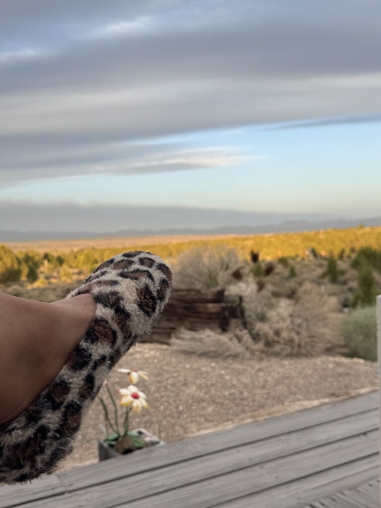 foot in cheetah slipper on a porch with a field of yellow flowers in the background
