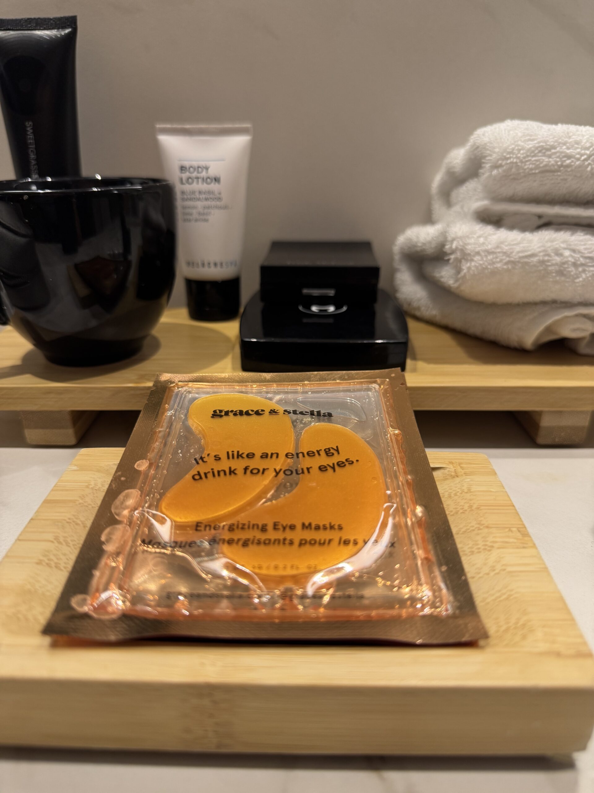 eye patches on bathroom counter for morning routine